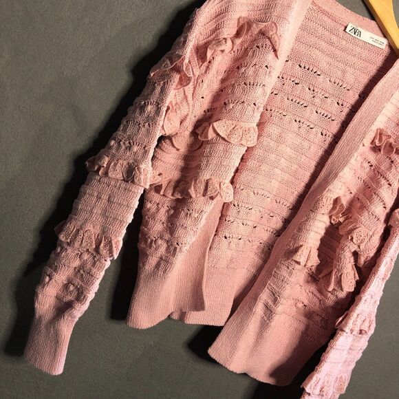 zara structured knit jacket small s m pink ruffled knitted ruffled to - Picture 2 of 11